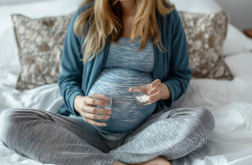 A pregnant woman is sitting on a bed and holding a glass of water. She is also holding a bottle of pills. Concept of relaxation and comfort, as the woman is in a familiar and safe environment