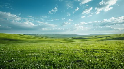 Landscape of green hills and blue sky with clouds