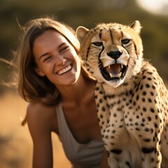 Laughing woman with a cheetah - obrazy, fototapety, plakaty