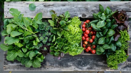 The first box contains green leafy plants, the second contains red tomatoes, the third contains green leafy plants, and the fourth contains green and red leafy plants.