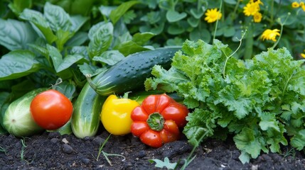 The image shows several vegetables laying on the dirt in a garden.