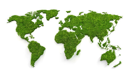 World map made from green grass and leaves. Ecology and green environment concept isolated on dark green background, Generative Ai