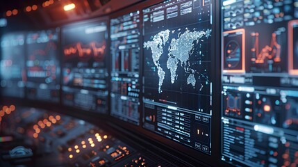 Obraz premium High-Tech Command Center with Global Monitoring Capabilities,Detailed view of a high-tech command center equipped with advanced monitoring systems and glowing red interfaces showcasing global data.