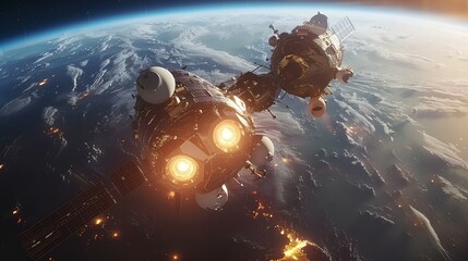 Advanced Space Station Orbiting Earth,Impressive 3D rendered image of a technologically advanced space station orbiting Earth, detailed with complex structures and glowing engines.

 - obrazy, fototapety, plakaty