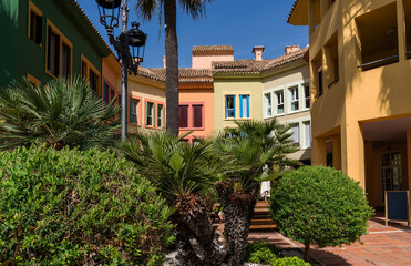 Beautiful colorful houses in the port Sotogrande, San Roque, Cadiz, Costa del Sol, Andalusia, Spain.