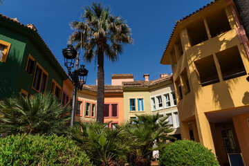 Beautiful colorful houses in the port Sotogrande, San Roque, Cadiz, Costa del Sol, Andalusia, Spain.