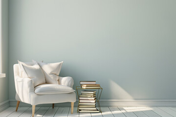 Modern Minimalist Living Space with White Armchair and Beside Stack of Books. Background with copy space