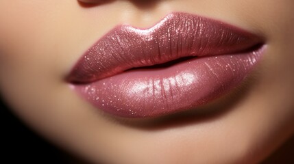 Fototapeta premium Close up of woman's lips with pink glitter lipstick