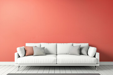 Modern minimalist interior with a white couch and coral wall with decorative cushions. Background with copy space
