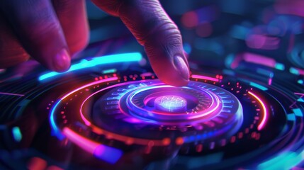 Obraz premium finger pushes button, cyberpunk neon style