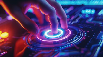 finger pushes button, cyberpunk neon style