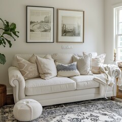Cozy Living Room with White Sofa and Vintage Prints