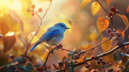 Obraz premium A small blue bird perches on a tree branch, surrounded by berries in the foreground The sun casts a golden glow behind