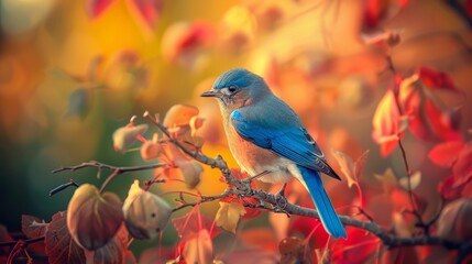 Fototapeta premium A blue bird perches atop a tree branch amidst a cluster of red and yellow autumn leaves