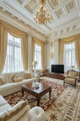 Luxurious living room with white sofas, coffee table, TV and golden curtains