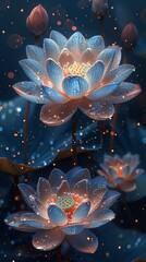 Obraz premium Transparent fluorescent splash-ink lotus, lotus leaves, small flower buds, background rendering dark blue