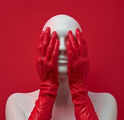 Surreal scene with a white mannequin and red gloved hands covering its face