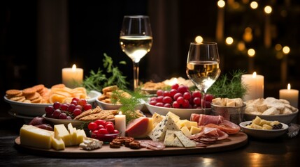 A wooden table full of food and drinks for Christmas.