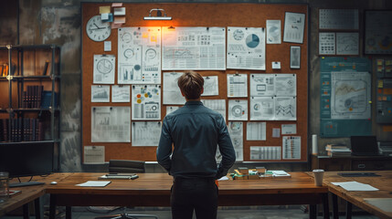 Businessman watching white board and business plan in office room. Generative ai