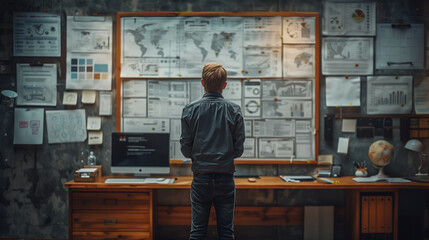 Businessman watching white board and business plan in office room. Generative ai