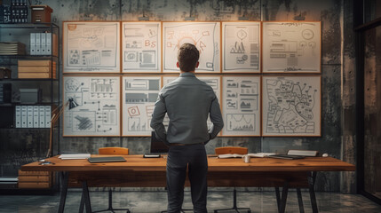 Businessman watching white board and business plan in office room. Generative ai