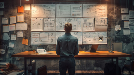 Businessman watching white board and business plan in office room. Generative ai