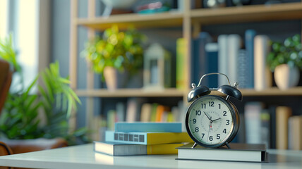 Vintage alarm clock on a table in a modern home office interior with a bookshelf and lamp on blurred background