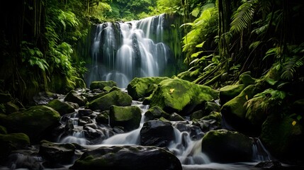 Panorama of a beautiful waterfall in a tropical rainforest in Costa Rica