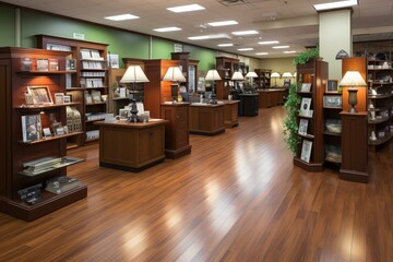Obraz premium Museum gift shop interior with wood shelves and display cases