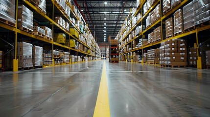 Fototapeta premium industrial warehouse with high shelves and boxes with yellow safety stripes on the floor 