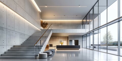 Modern office interior with staircase, glass walls and concrete elements