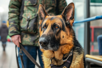 Attentive German Shepherd Dog in Harness Held by Camouflaged Person Outdoors. Guide dog