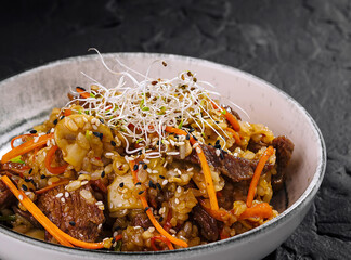 Gourmet stir-fry beef with vegetables and sprouts