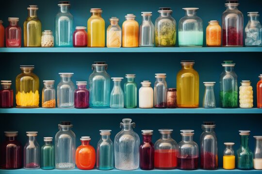 Colorful bottles of chemicals on shelves