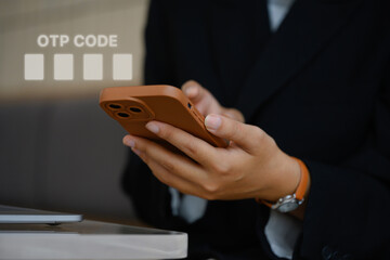 Woman entering verification code on her mobile phone for login. User privacy security concept