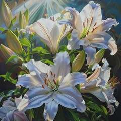 Fototapeta premium A painting of white lilies with green leaves in the foreground and a sunburst in the background White lilies with green leaves in the foreground, sun
