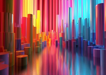 Colorful 3D rendering of a city with many shiny buildings