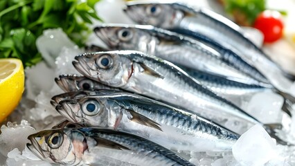 Fototapeta premium Anchovies on ice: rich in omega- fatty acids (white background). Concept Anchovies, Omega-3 Fatty Acids, Ice, White Background, Nutritious Seafood
