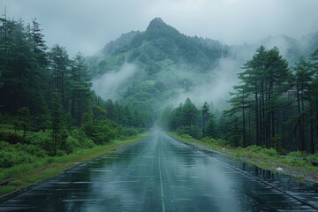  empty road winding through a dense green forest enveloped in fog, with majestic mountains looming in the distance.
