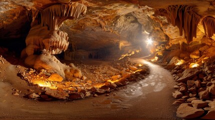   In a cavern, a lamp glows, illuminating a passageway's center The tunnel ends with the light beckoning