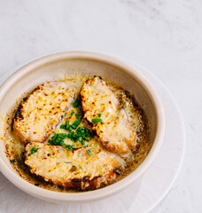 Homemade french onion soup with melted cheese