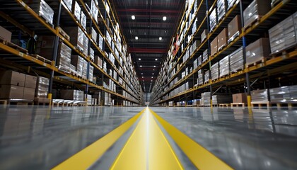 
industrial warehouse with high shelves and boxes with yellow safety stripes on the floor
