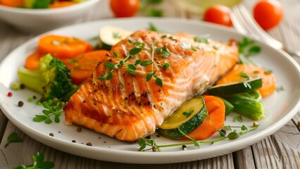 Salmon and Vegetable Platter. Concept Salmon, Vegetable Platter, Healthy Eating, Seafood, Fresh Ingredients