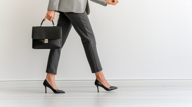 a professional woman in business attire holding a briefcase and walking confidently on a blurry modern business lounge background.