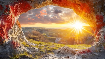   A sun view via a mountain range cave, featuring grass and trees in the foreground - Powered by Adobe