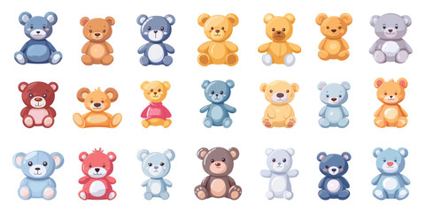 Cartoon Teddy Bears. Icon Set of Soft Toys for Babies in Simple Flat Style on White Background for Infant, Toddler, Plush, Stuffed Animal, and Toy Concepts