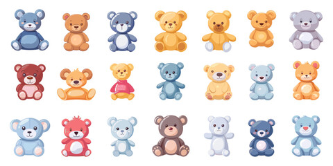 Fototapeta premium Cartoon Teddy Bears. Icon Set of Soft Toys for Babies in Simple Flat Style on White Background for Infant, Toddler, Plush, Stuffed Animal, and Toy Concepts