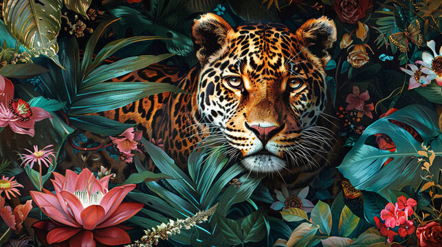 A tropical print design featuring exotic animals such as leopards jaguars and tigers prowling amidst tropical foliage and vibrant blooms their majestic presence adding a sense of mystery