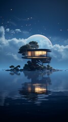 Obraz premium futuristic house on stilts above water with moon in background