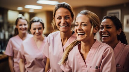 Portrait of a group of five female nurses wearing pink scrubs